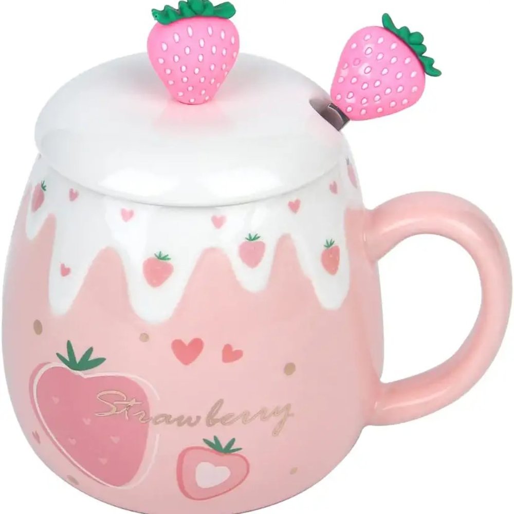 Kawaii Pink Mug,Cute Strawberry Cup With Cover Spoon,Ceramic Coffee mug